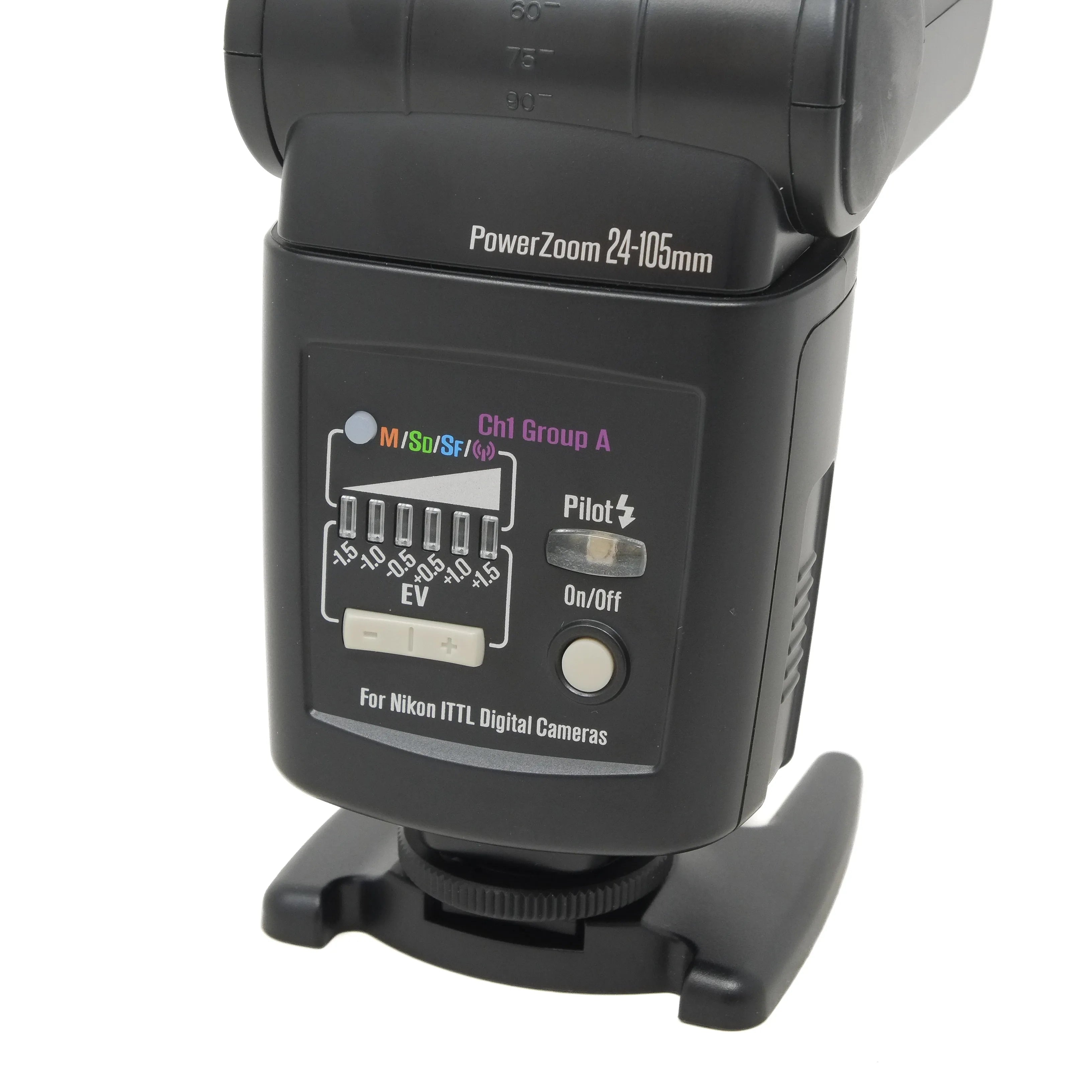 Camera flash with control panel and 'Power Zoom 24-105mm' branding on a white background