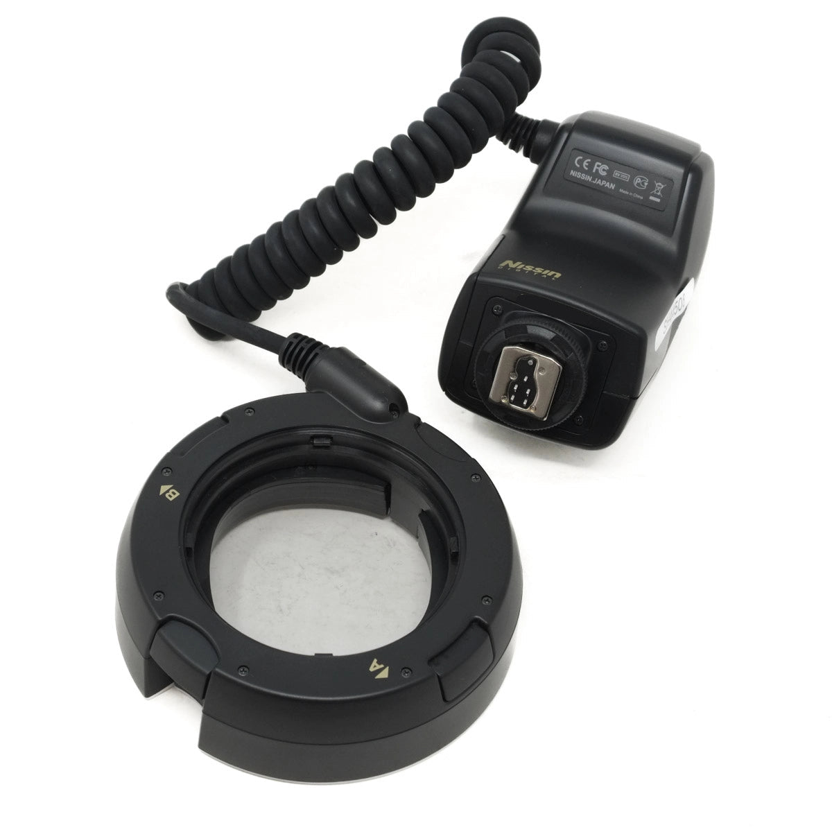 Camera flash and diffuser on a white background