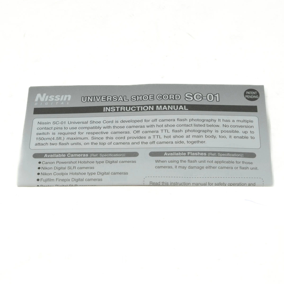 Nissin Universal Shoe Cord SC-01 instruction manual on a white background