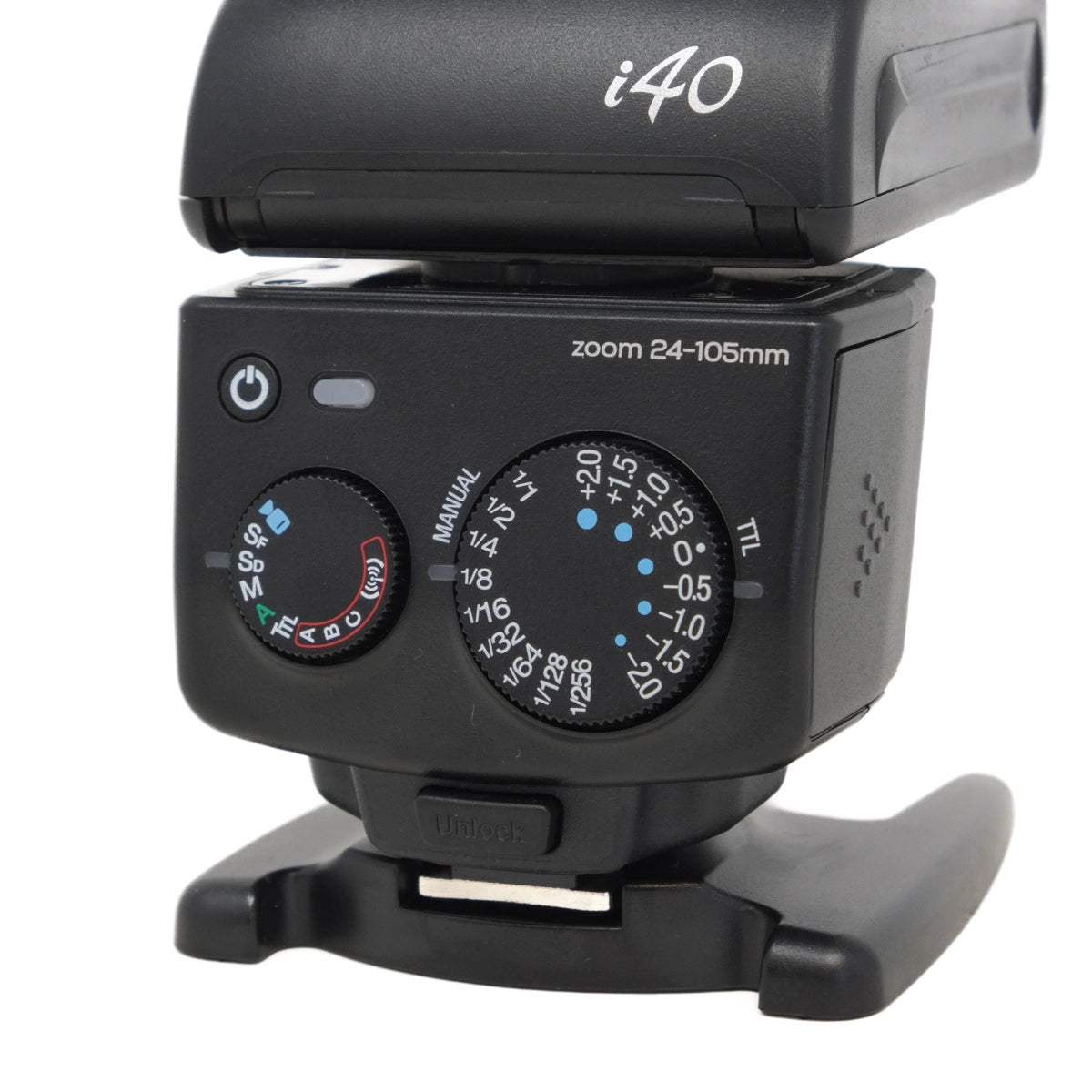 Camera flash with i40 branding on a white background