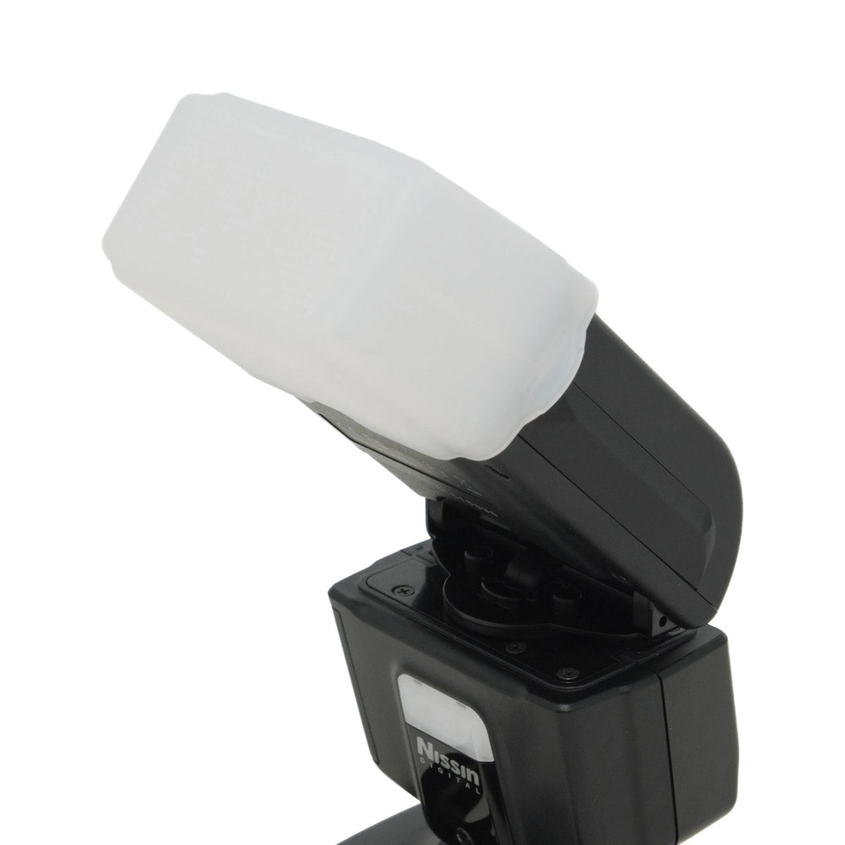 Black camera flash with white diffuser on a white background