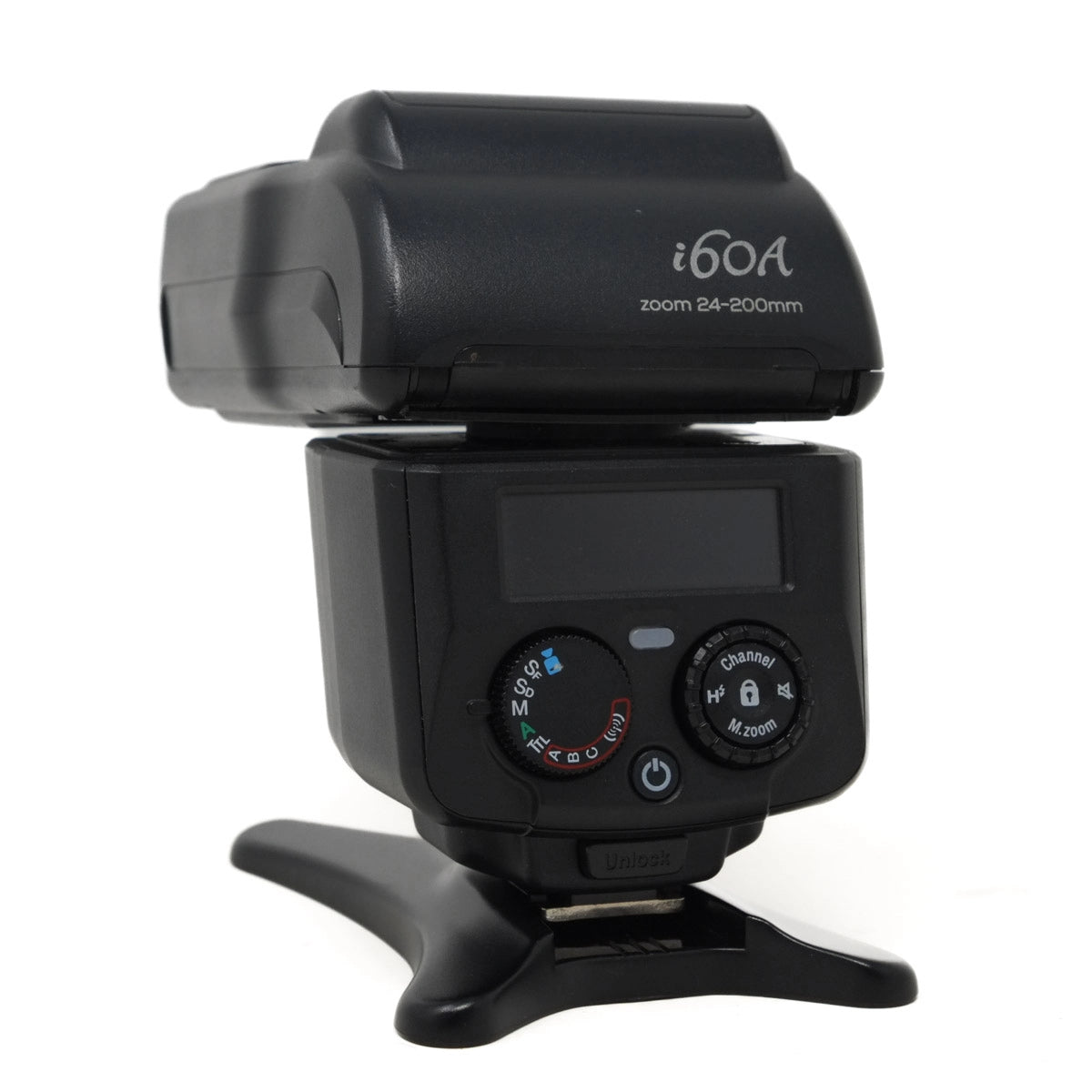 Black camera flash with i60A branding on a white background