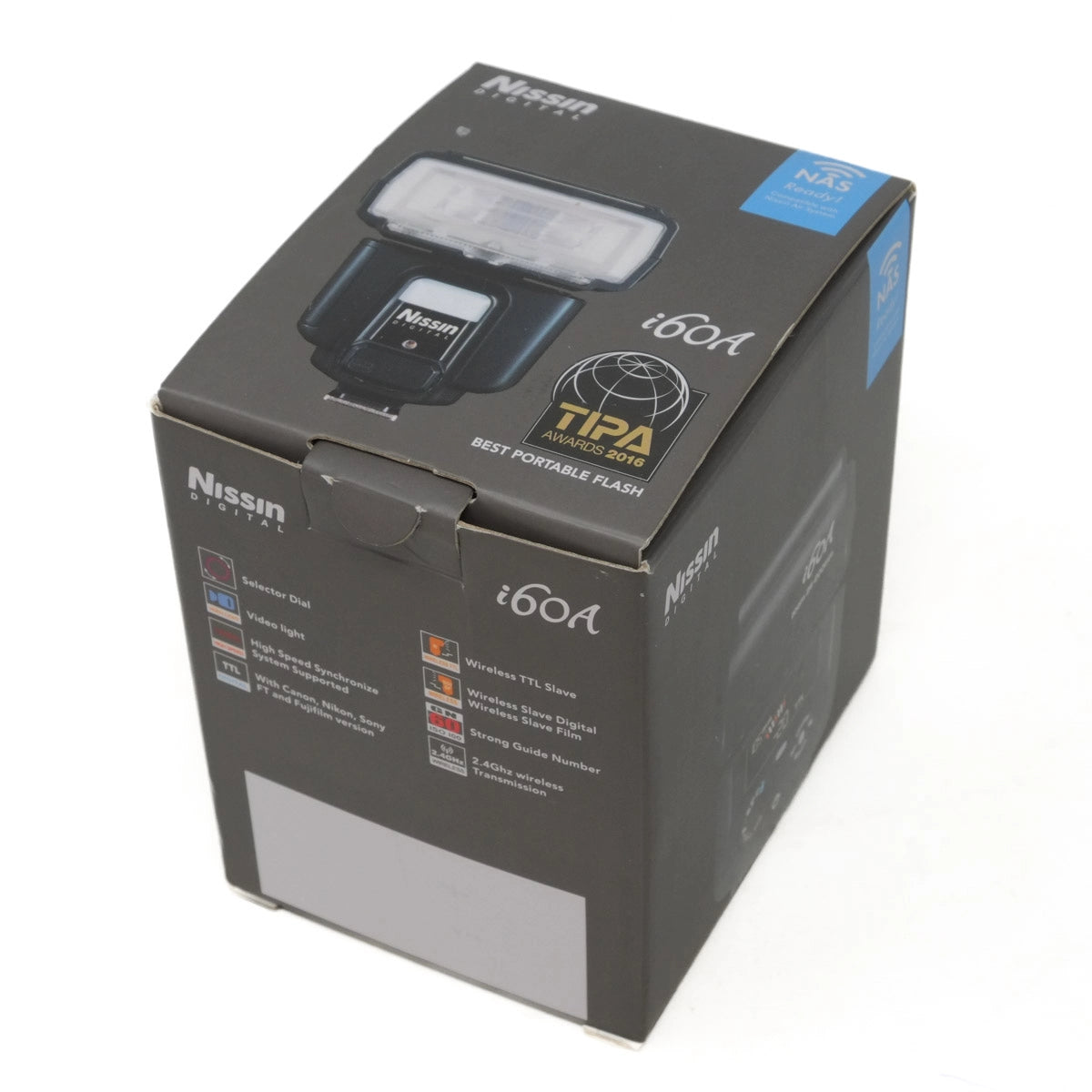 Nissin i60A flash unit packaging on a white background