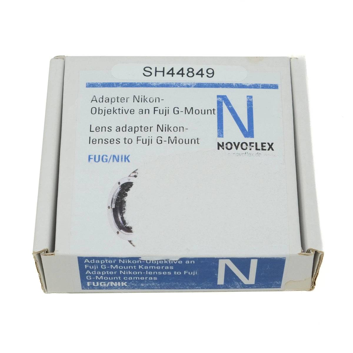 Novoflex adapter box for Nikon lenses to Fuji G-mount on a white background
