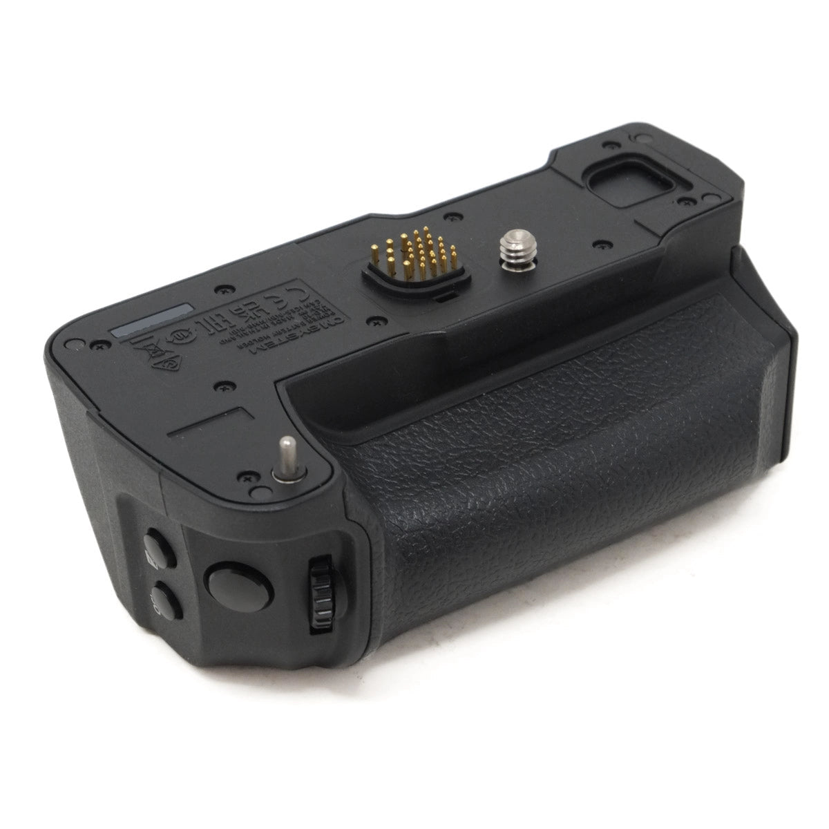 Black camera battery grip on a white background