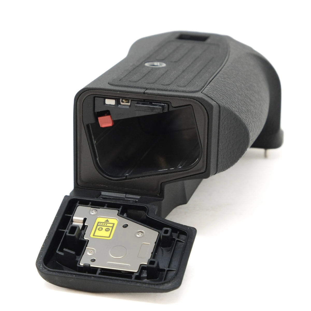 Black handheld device with open cover on a white background