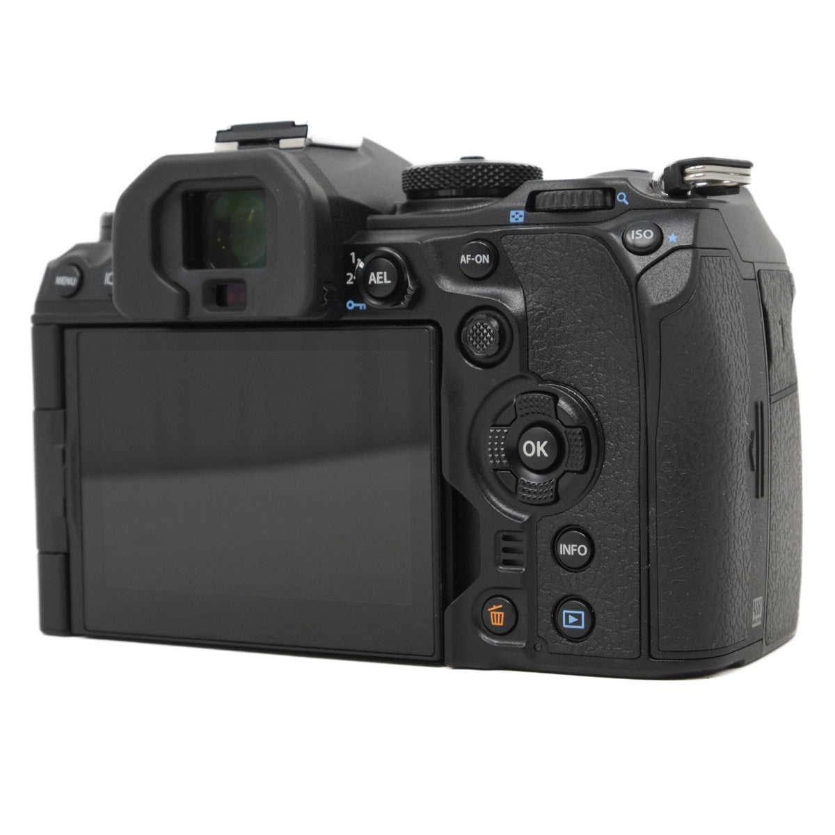 Back view of a black camera on a white background