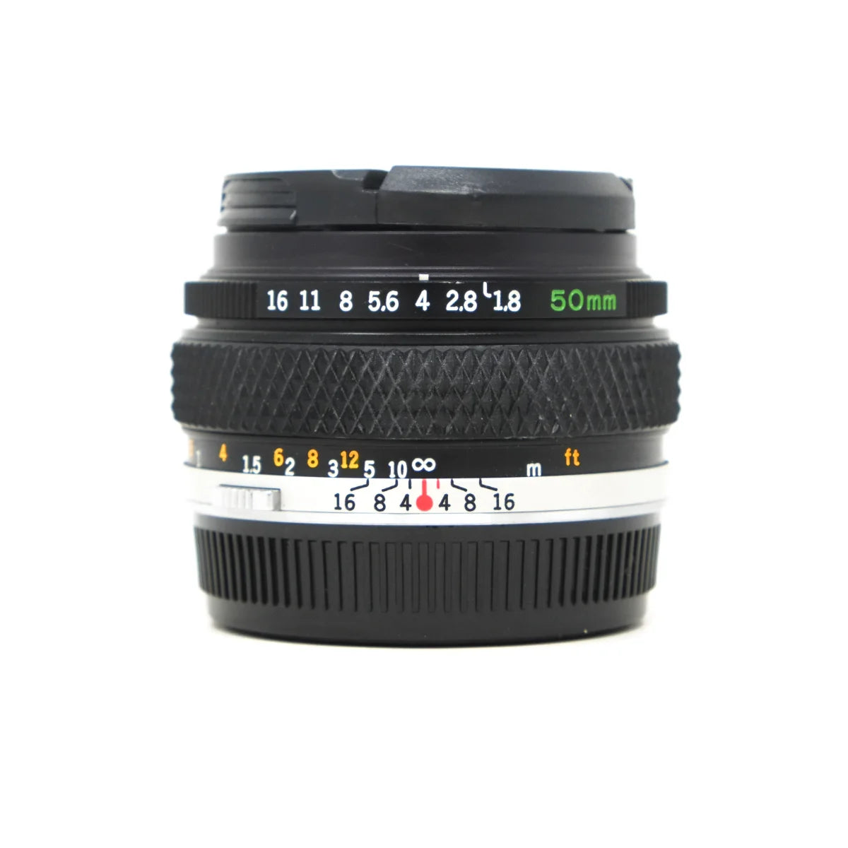 Used Olympus Auto-S 50mm f1.8 prime lens - front angle