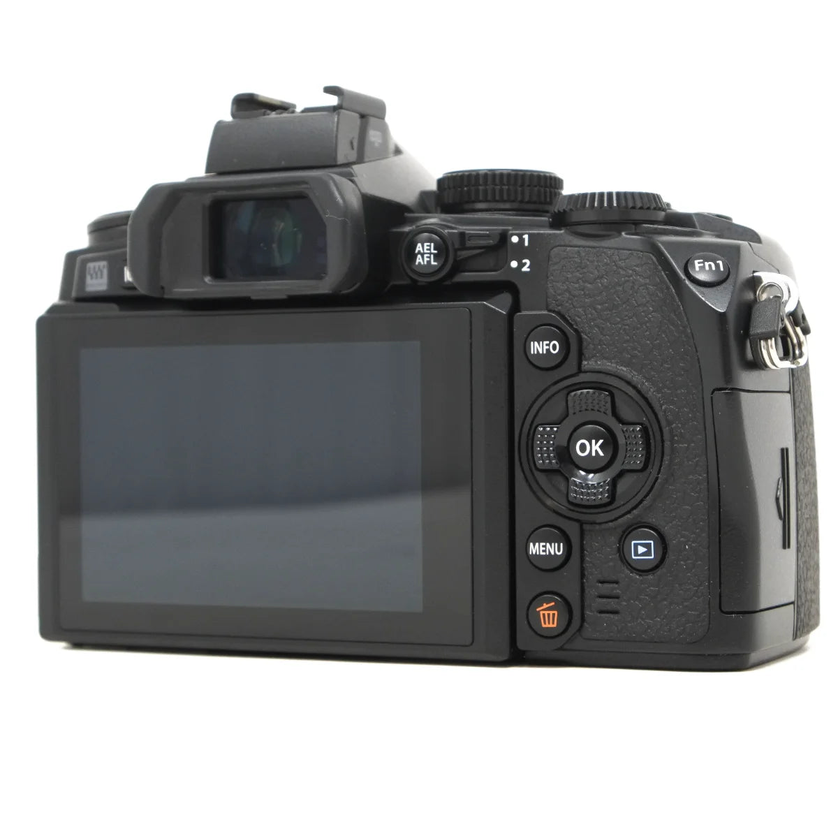 Used Olympus E-M1 Mirrorless camera with Spare OM Battery - back angle