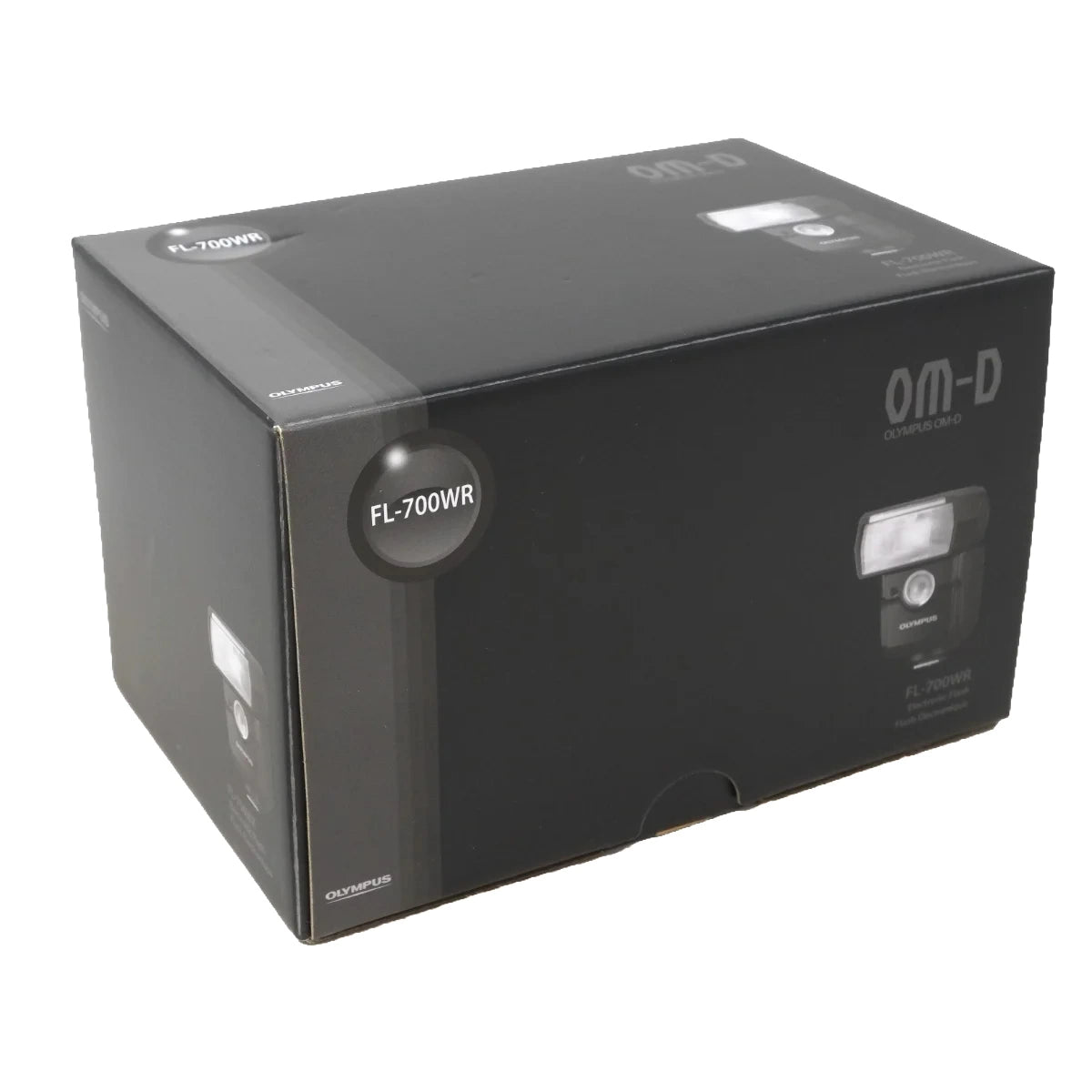 Black Om-D Om-D 700WR camera flash product box on a white background.