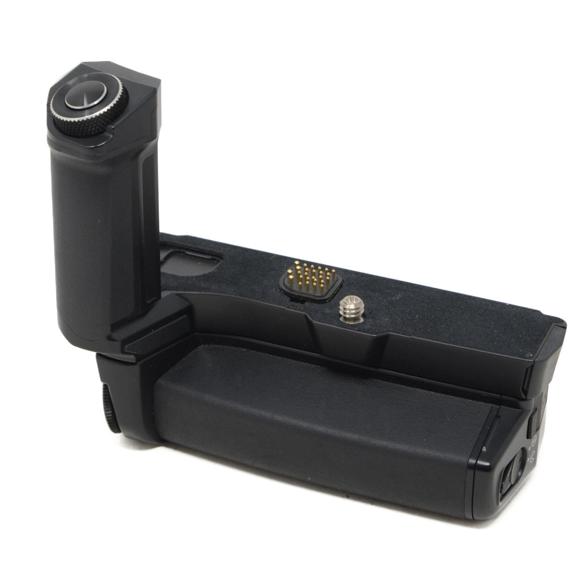 Black camera battery grip on a white background