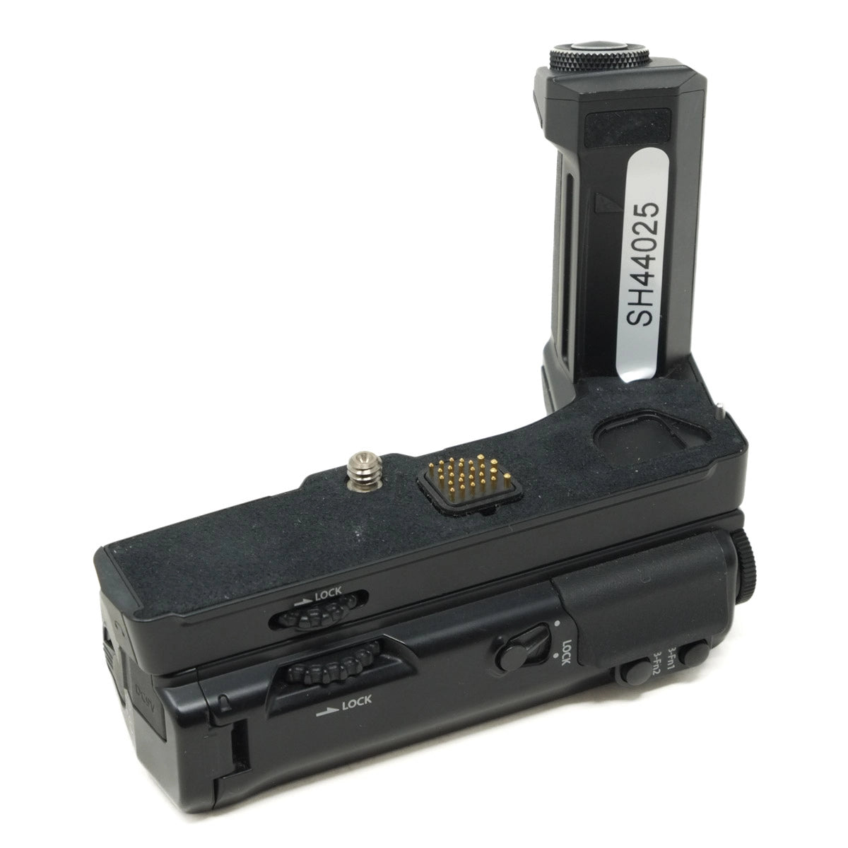 Black camera battery grip with visible branding on a white background