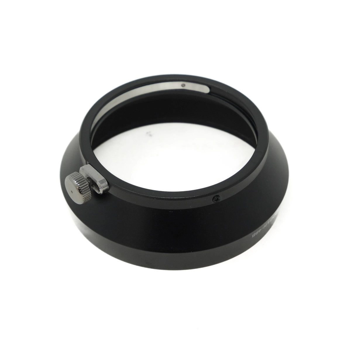 Black lens hood with a silver adjusting ring on a white background