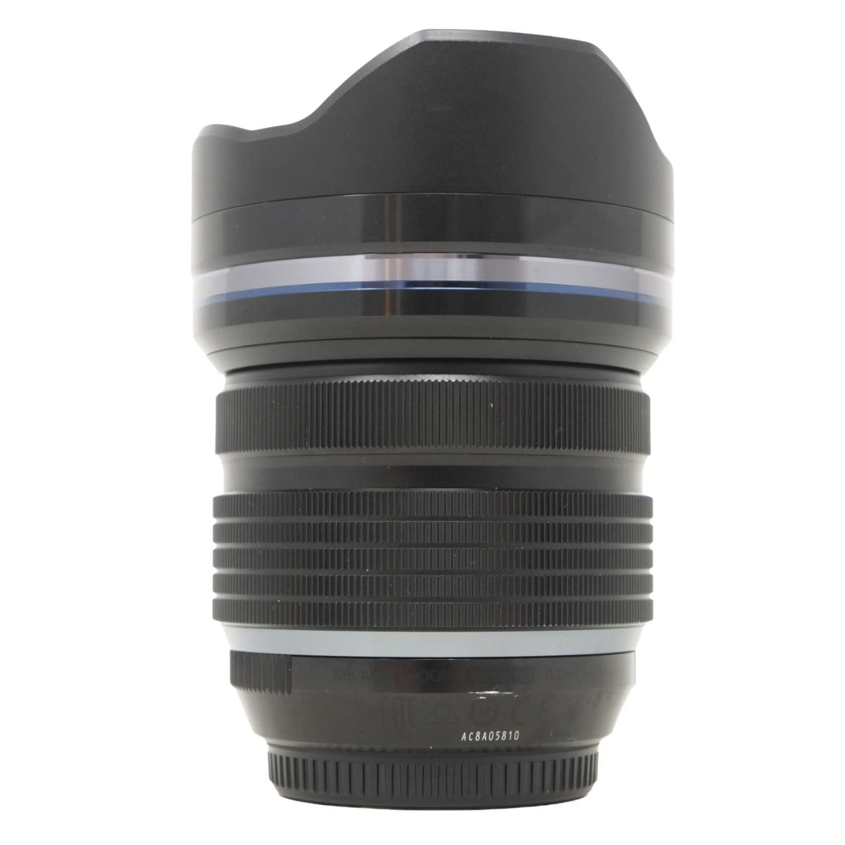 A black camera lens with a blue accent ring and a matching black lens hood, shown against a plain white background.