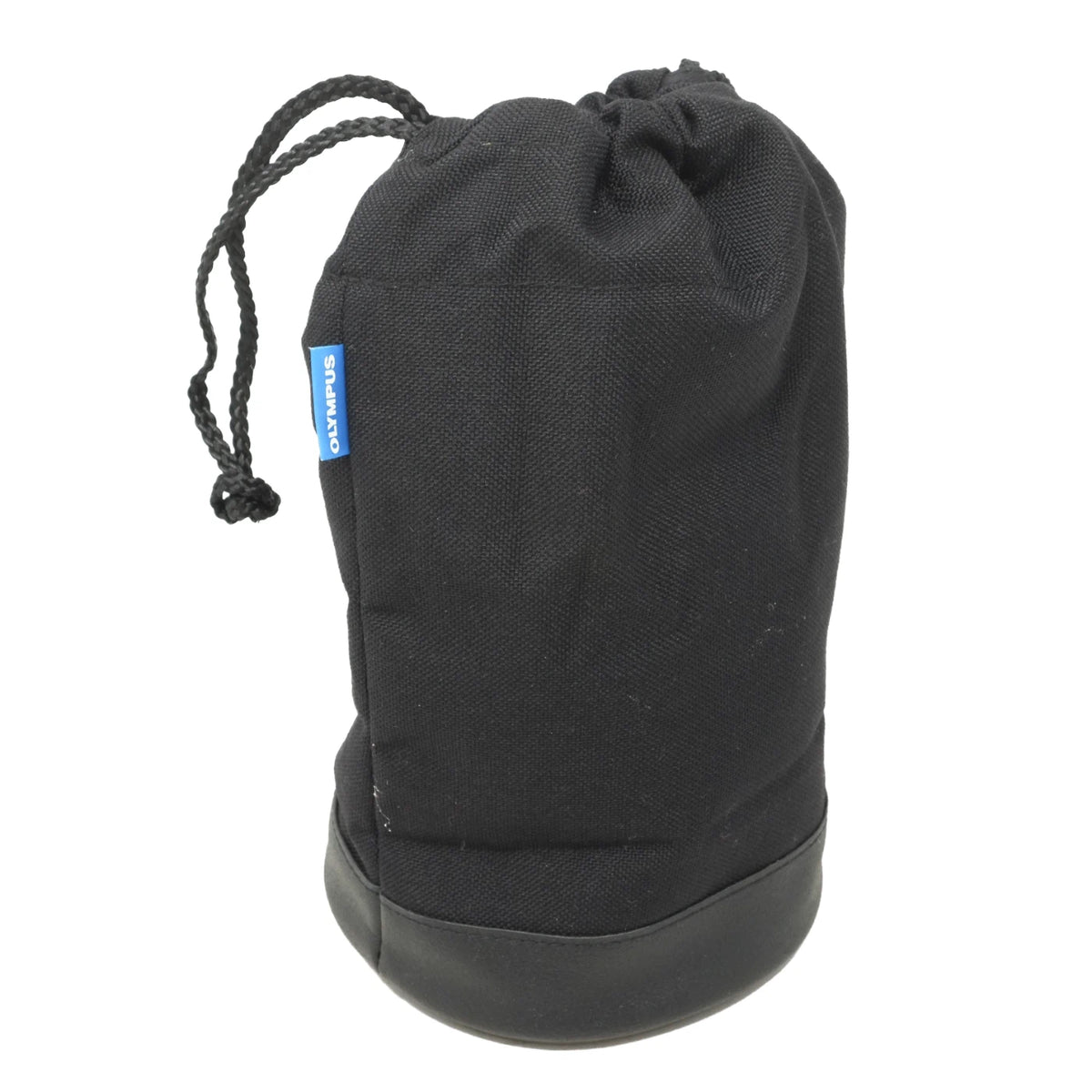 A black canvas drawstring pouch with a black rubber base and a small blue brand tag reading 'BAGS'.
