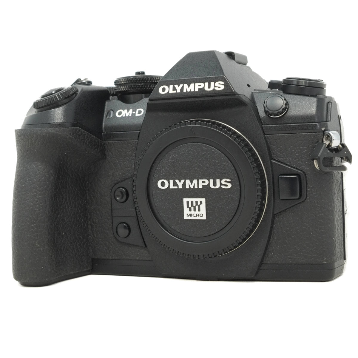 Black Olympus camera body on a white background
