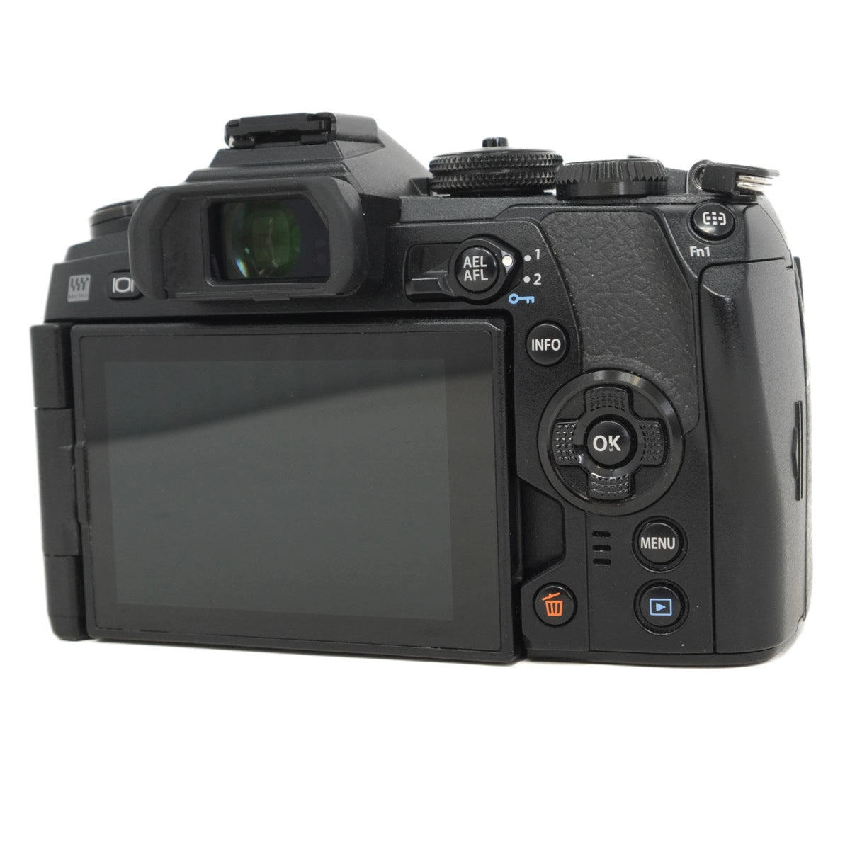 Back view of a black camera on a white background