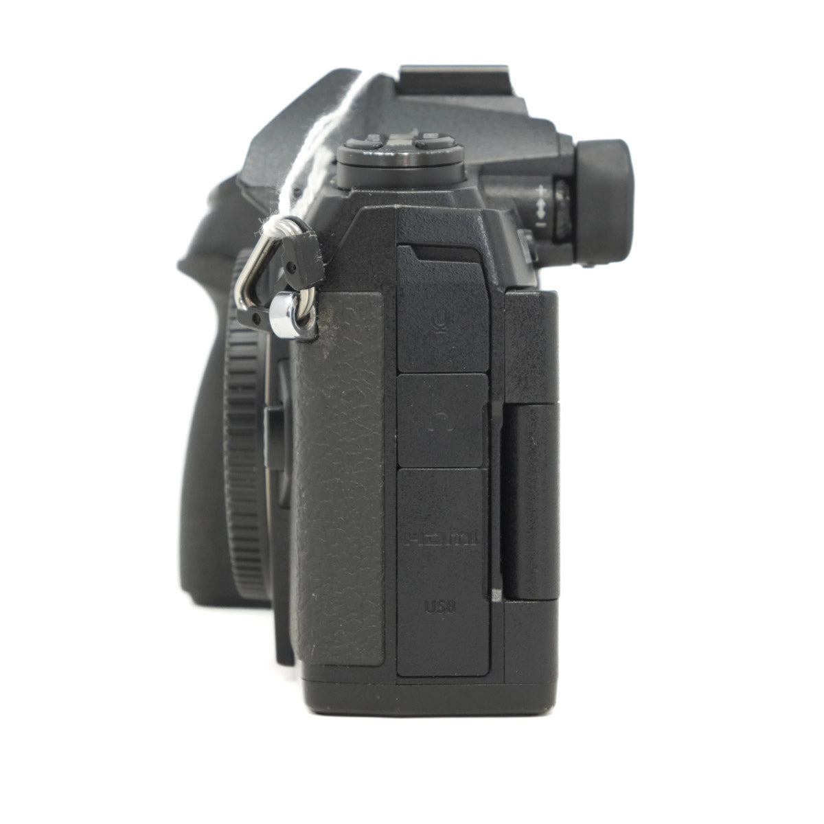 Black camera body on a white background