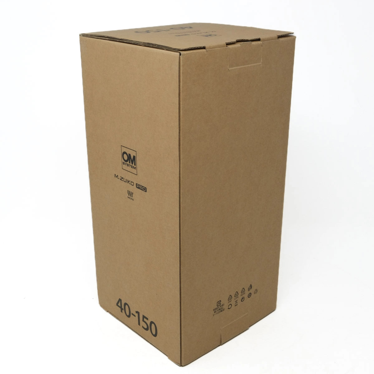 Brown cardboard box with 'OM' branding and size '40-150' on a white background