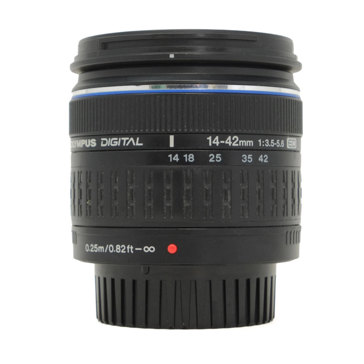 Camera lens with brand name on a white background