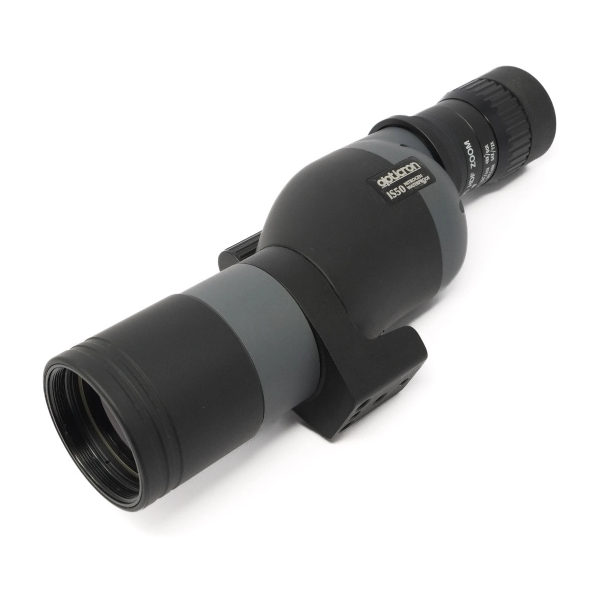 Black and gray spotting scope on a white background