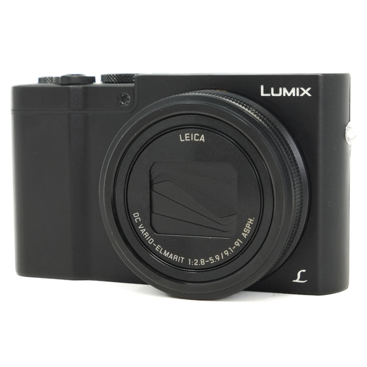 Black Panasonic Lumix camera with Leica lens on a white background