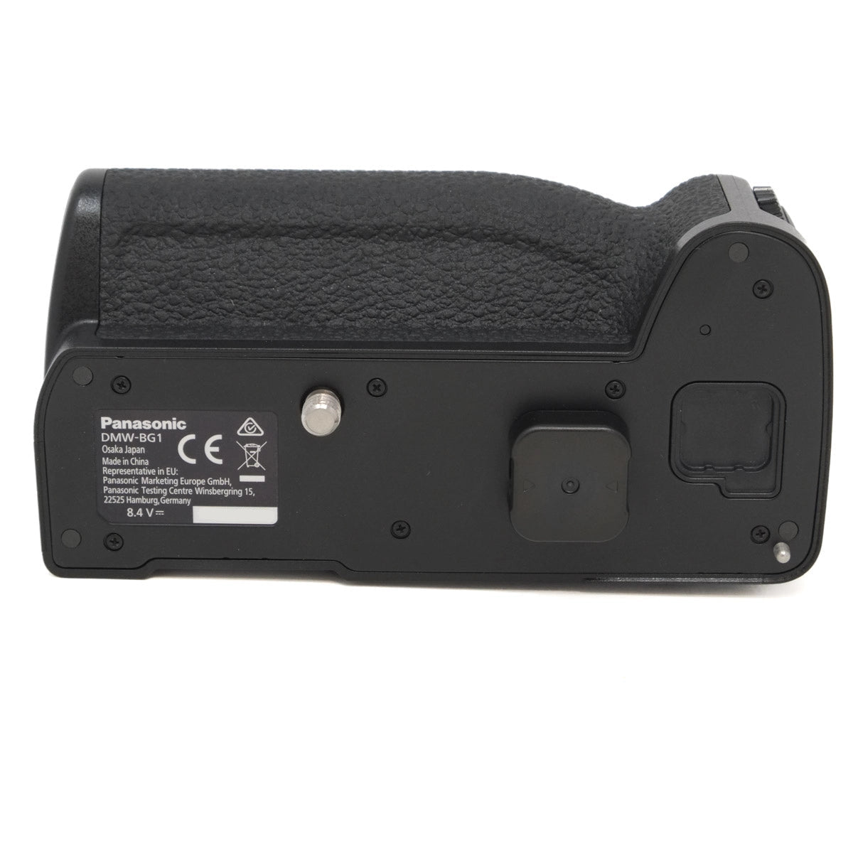 Black camera battery grip with Panasonic branding on a white background