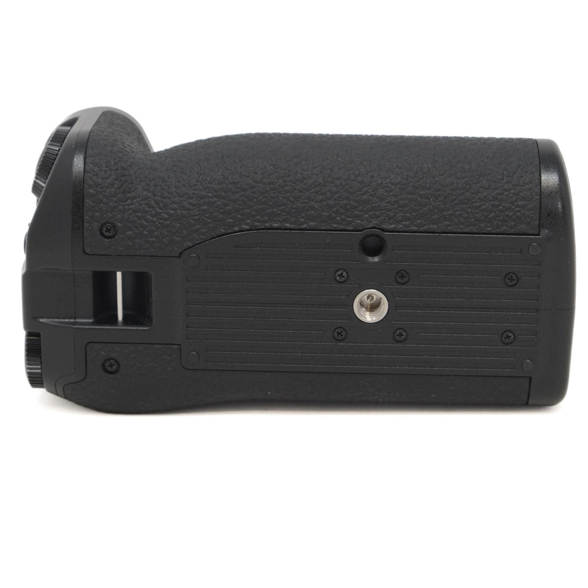 Black camera grip on a white background