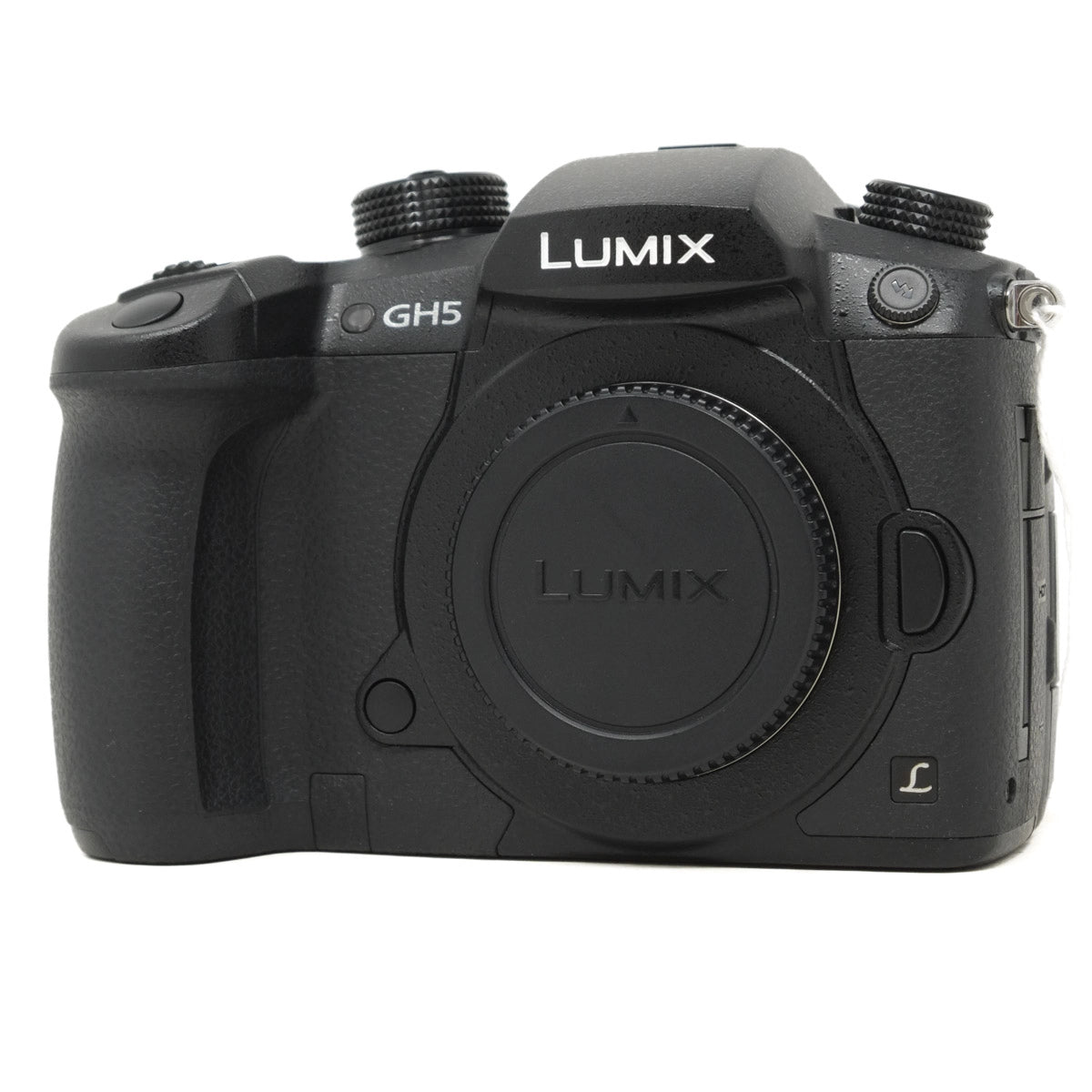 Black Panasonic Lumix camera on a white background