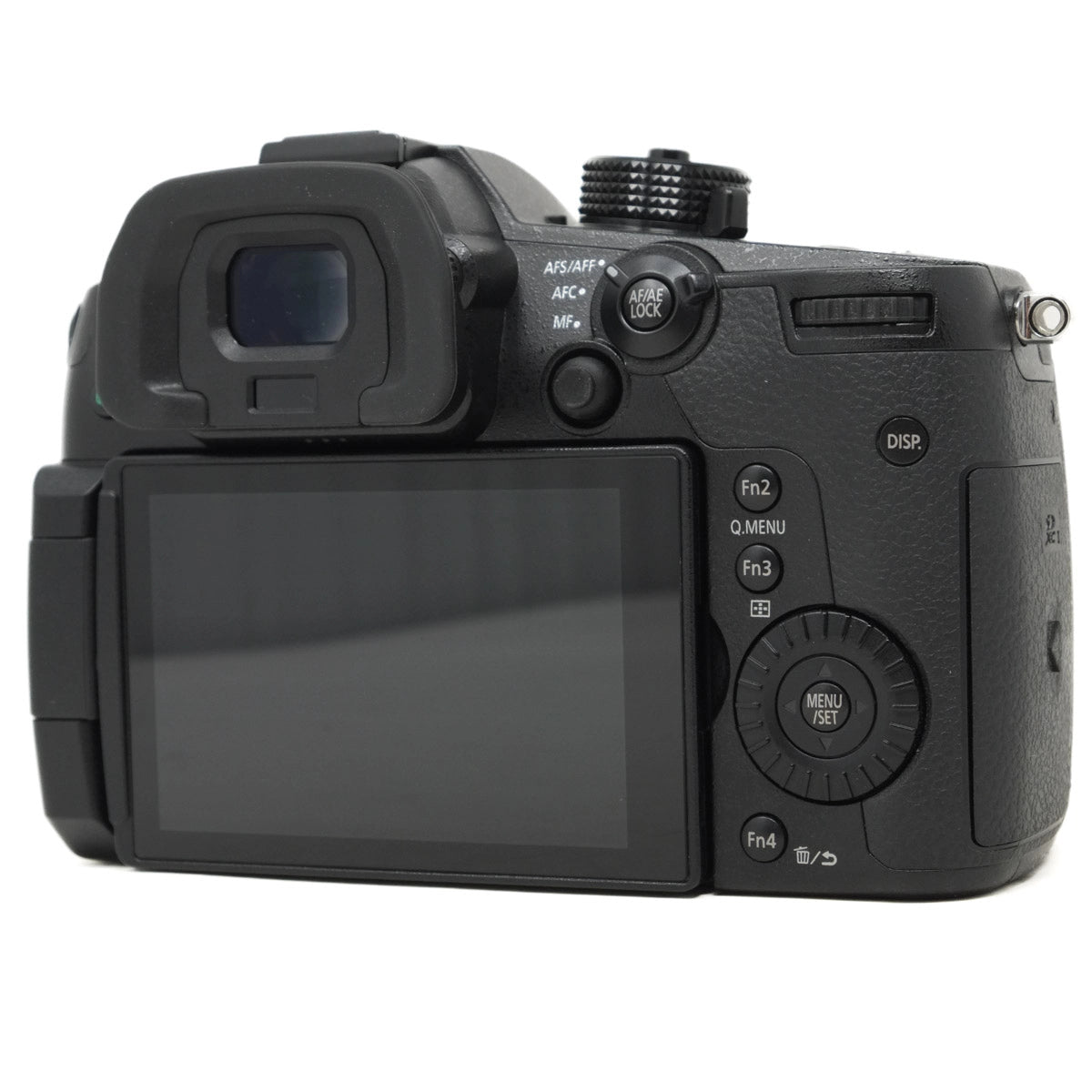 Black camera body with screen and control buttons on a white background