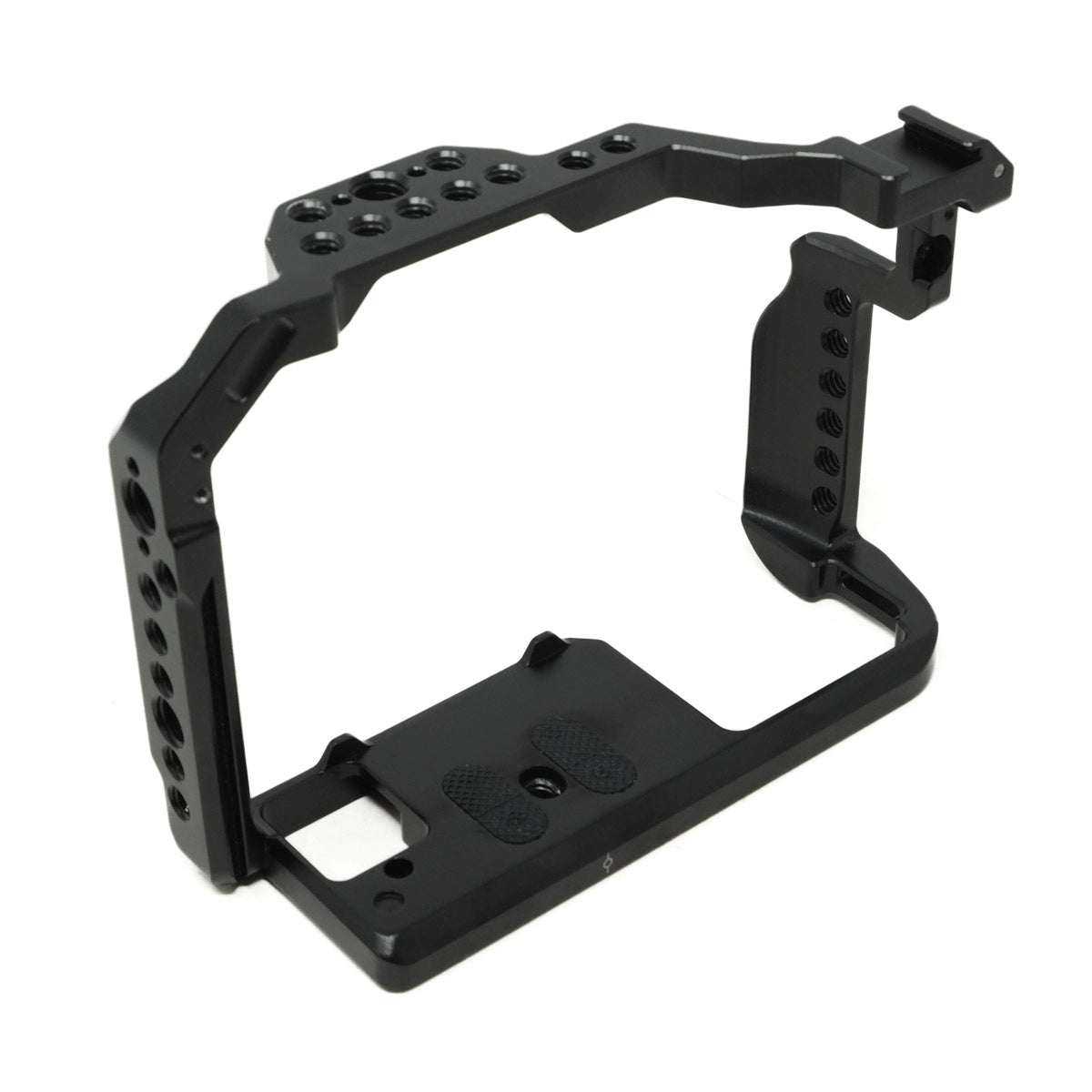 Black metal camera cage on a white background
