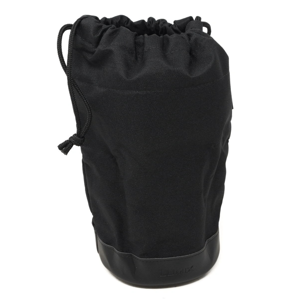 Black drawstring bag with a brand logo on a white background