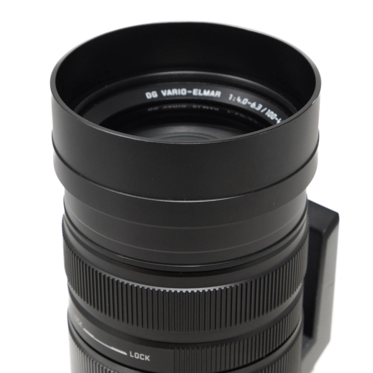 Camera lens with a black metal hood on a white background