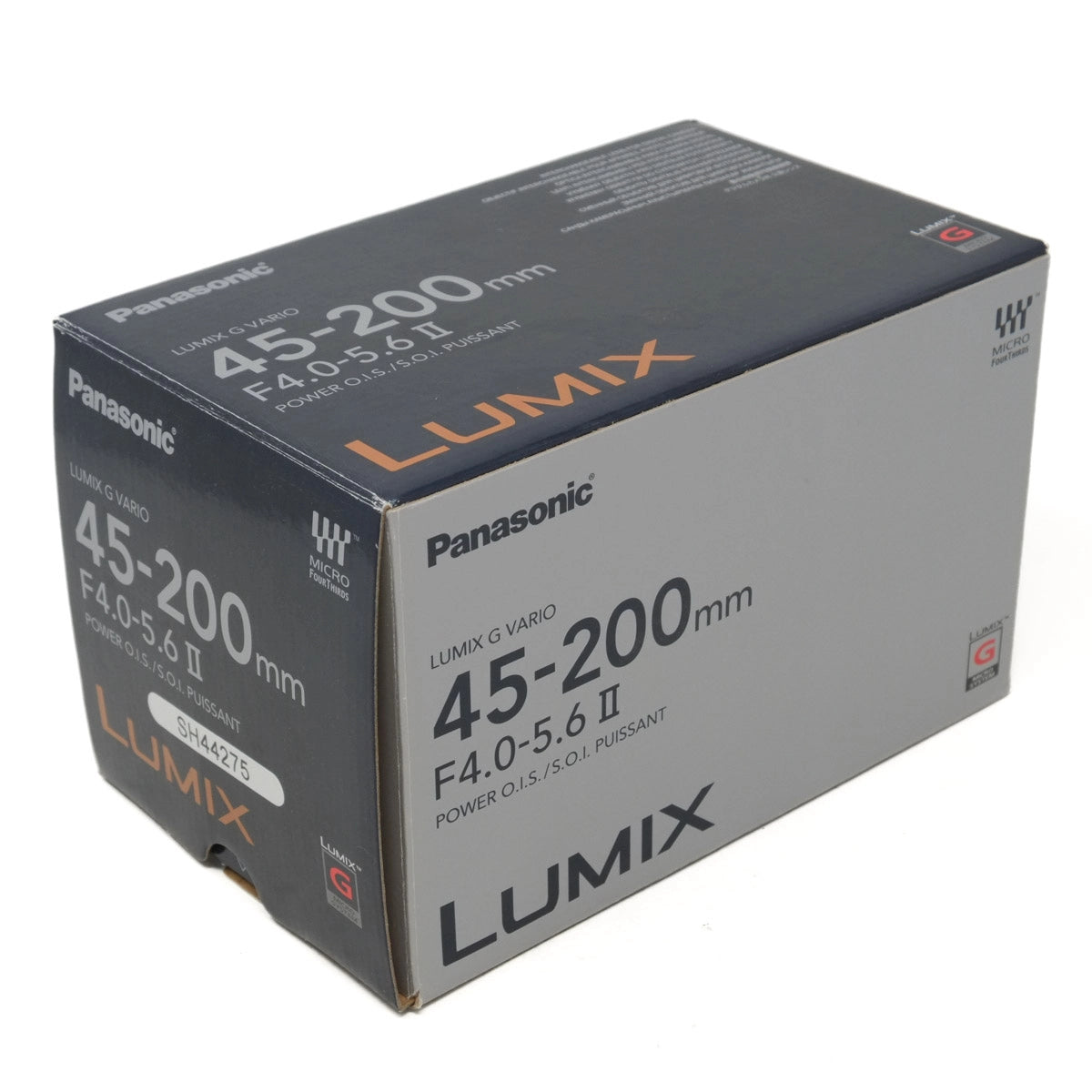 Panasonic Lumix camera lens packaging box on a white background