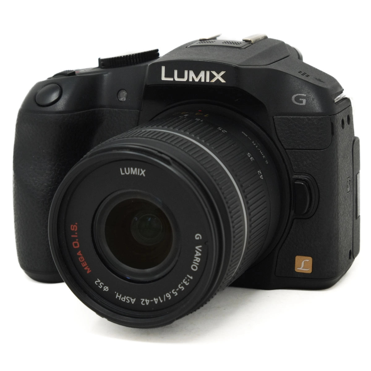 Black Panasonic Lumix camera on a white background