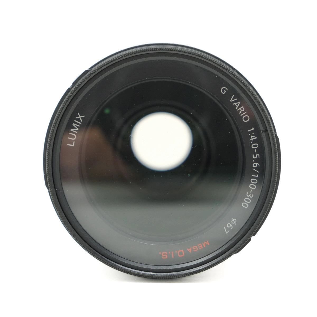 Camera lens with 'LUMIX' branding on a white background