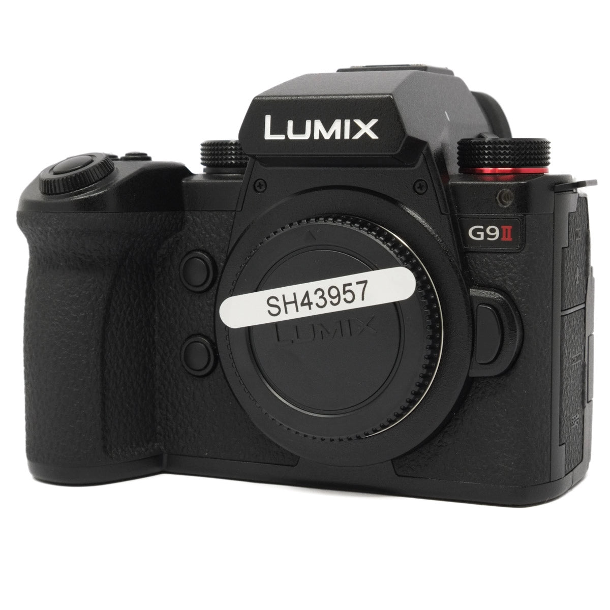Black Panasonic Lumix camera body on a white background