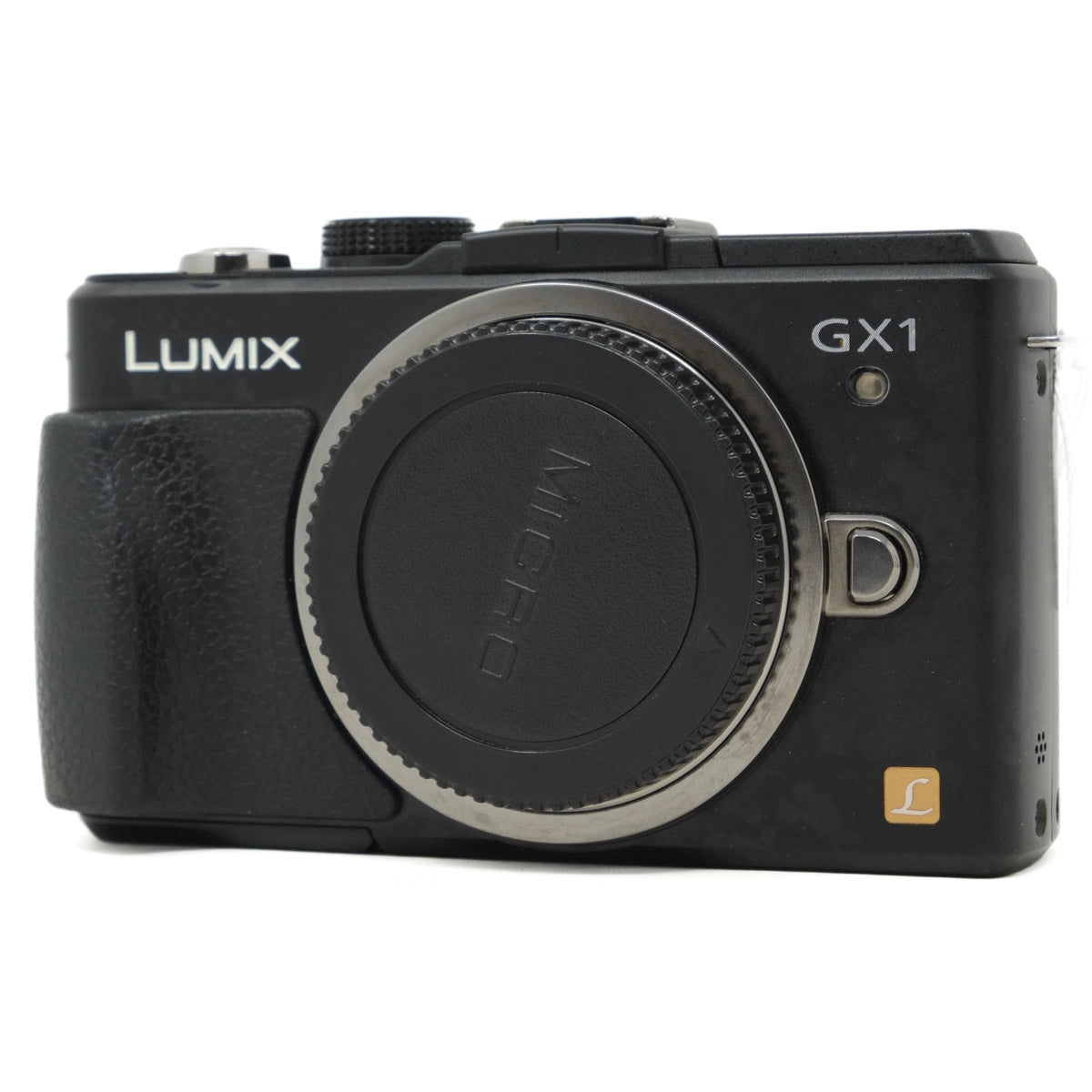 Black Panasonic Lumix camera with 'GX1' model on a white background