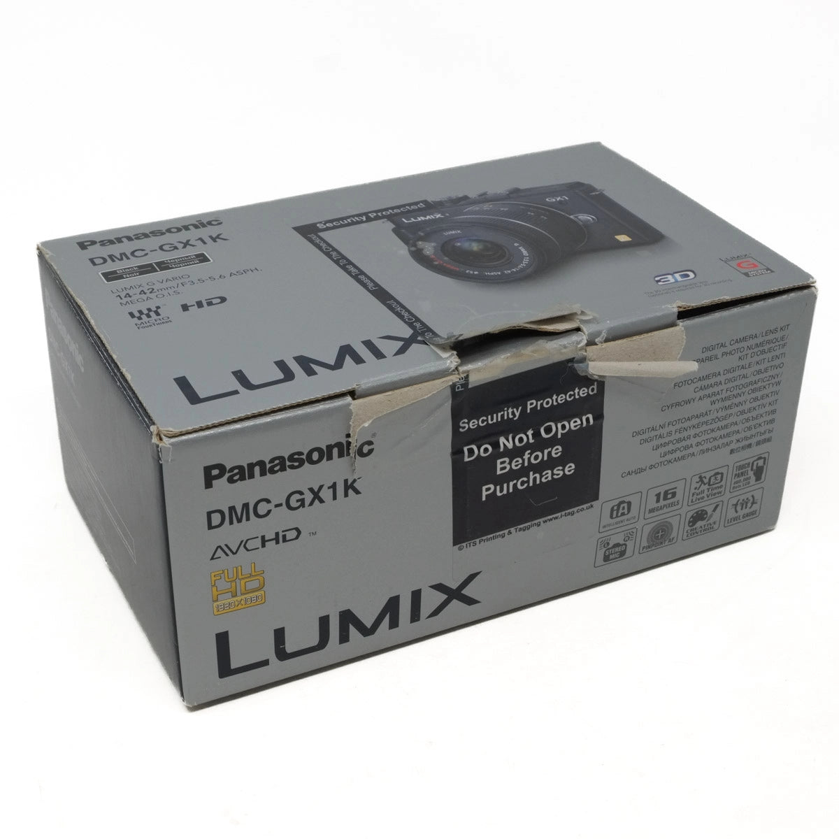 Panasonic Lumix camera packaging box on a white background