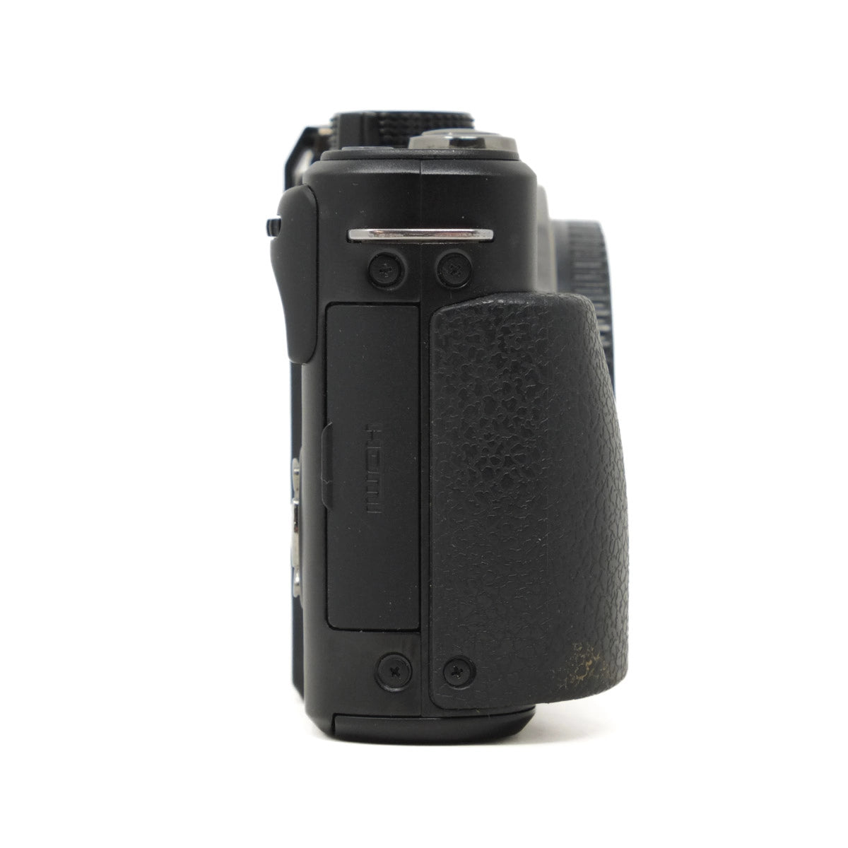 Black camera body on a white background