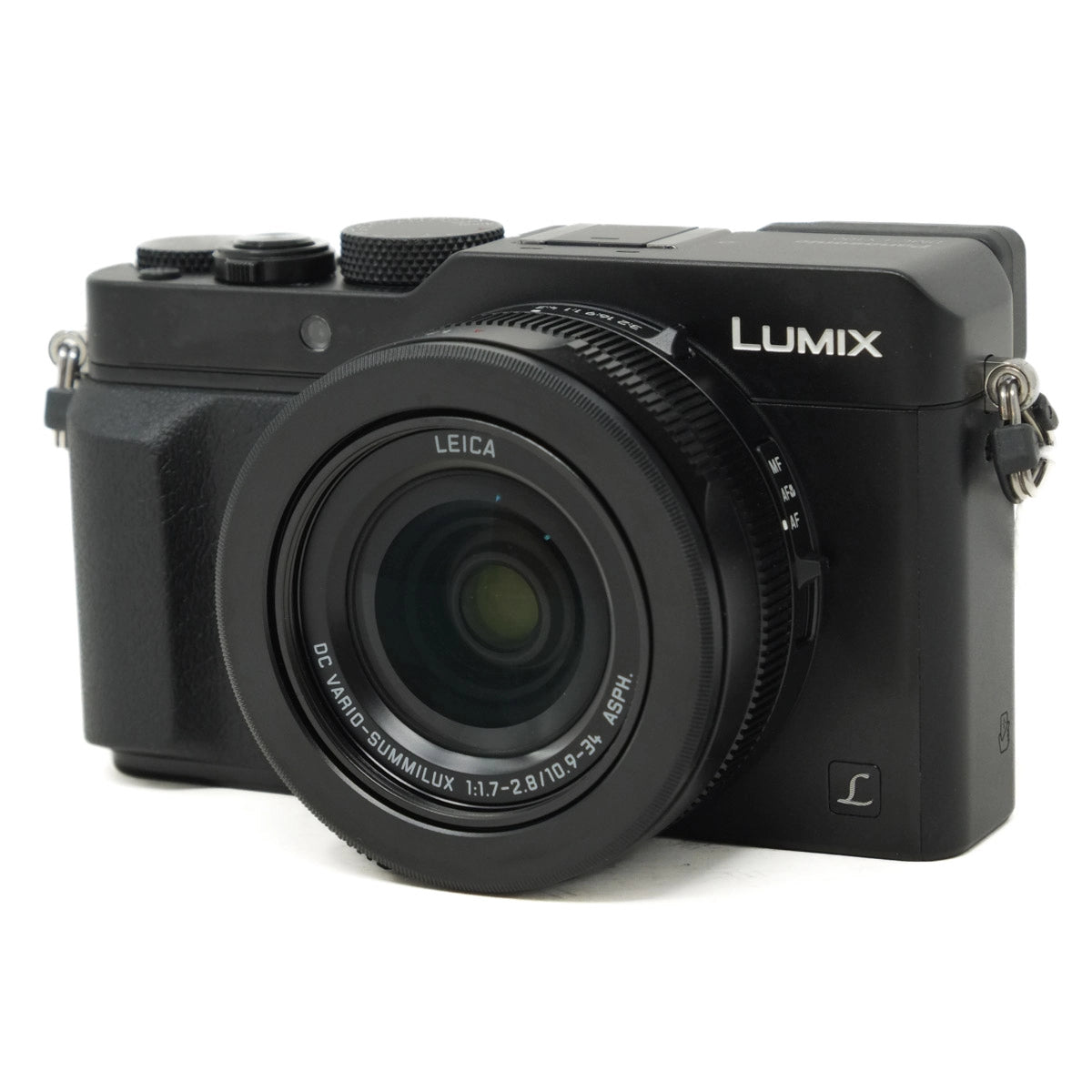 Black Panasonic Lumix camera with Leica lens on a white background