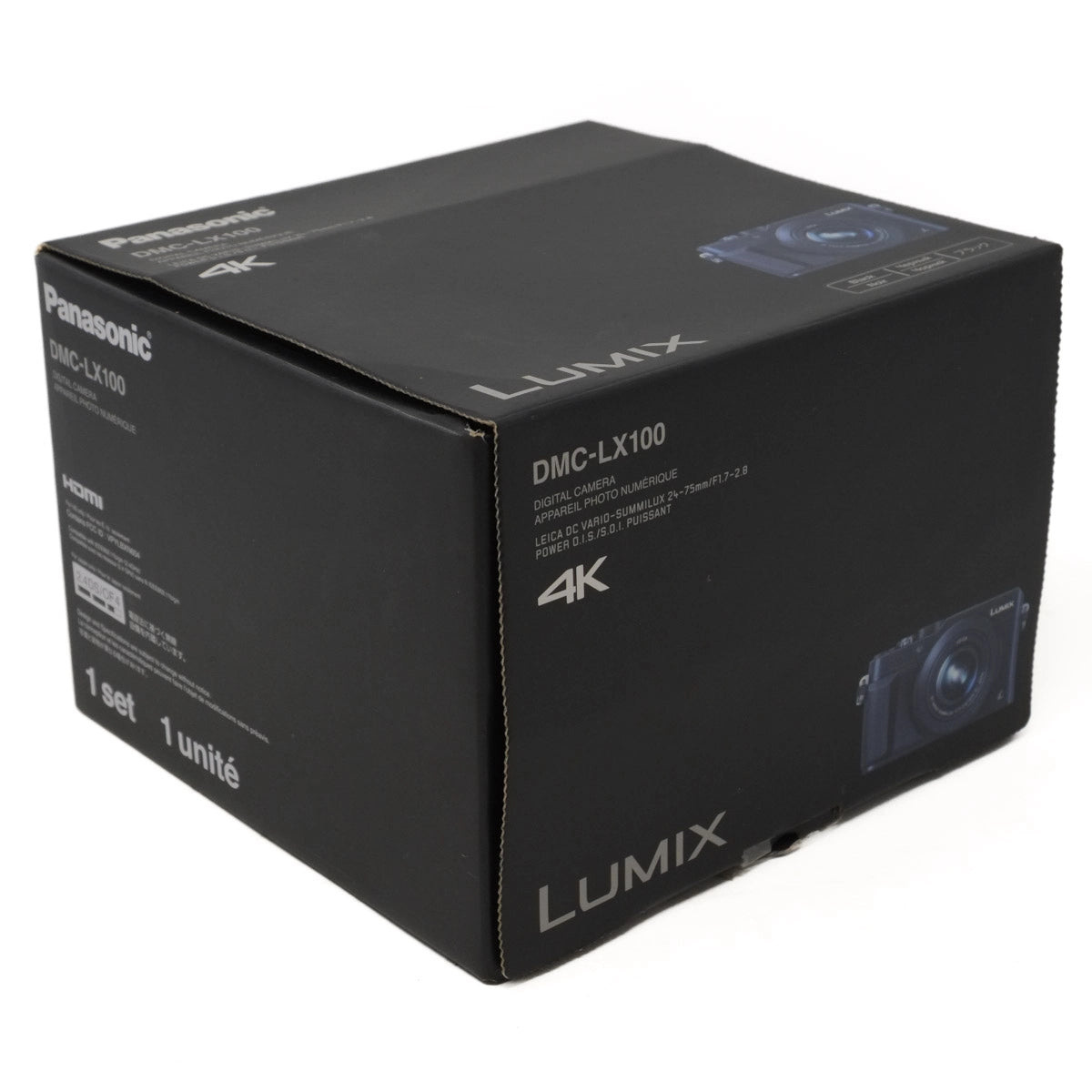 Black box packaging of Panasonic Lumix DMC-LX100 camera on a white background