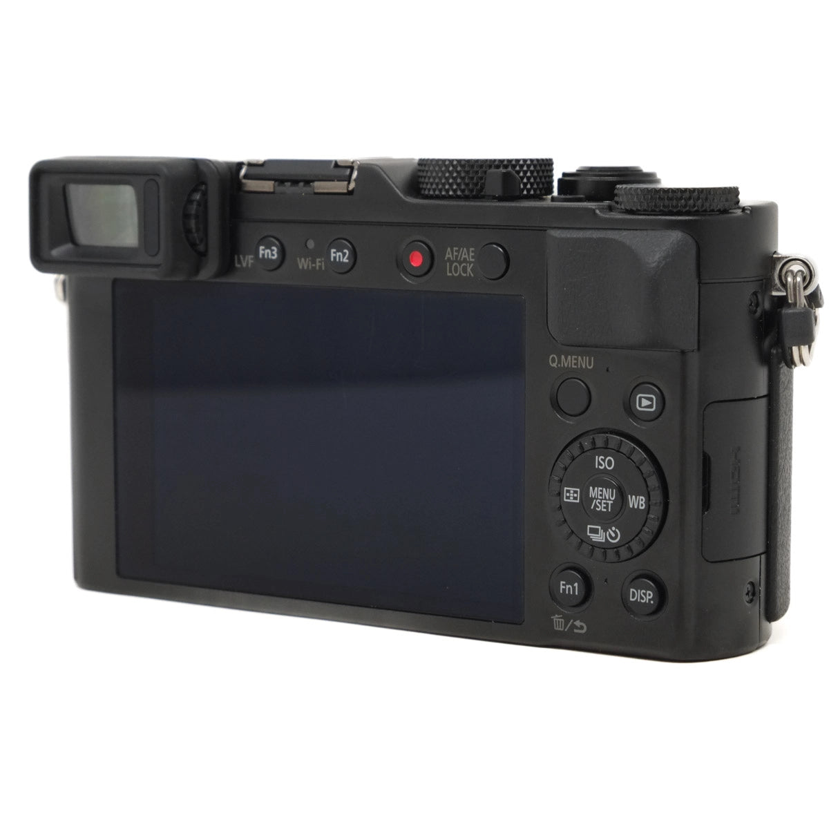 Back view of a black digital camera on a white background