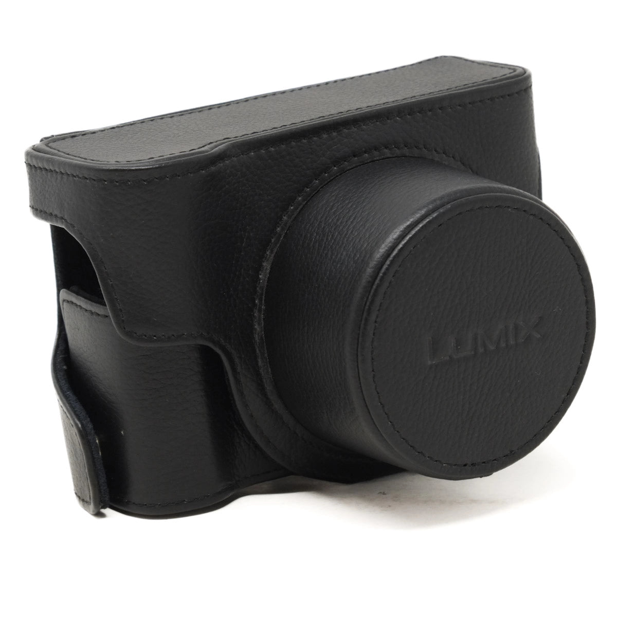 Black camera case with 'LUMIX' branding on a white background