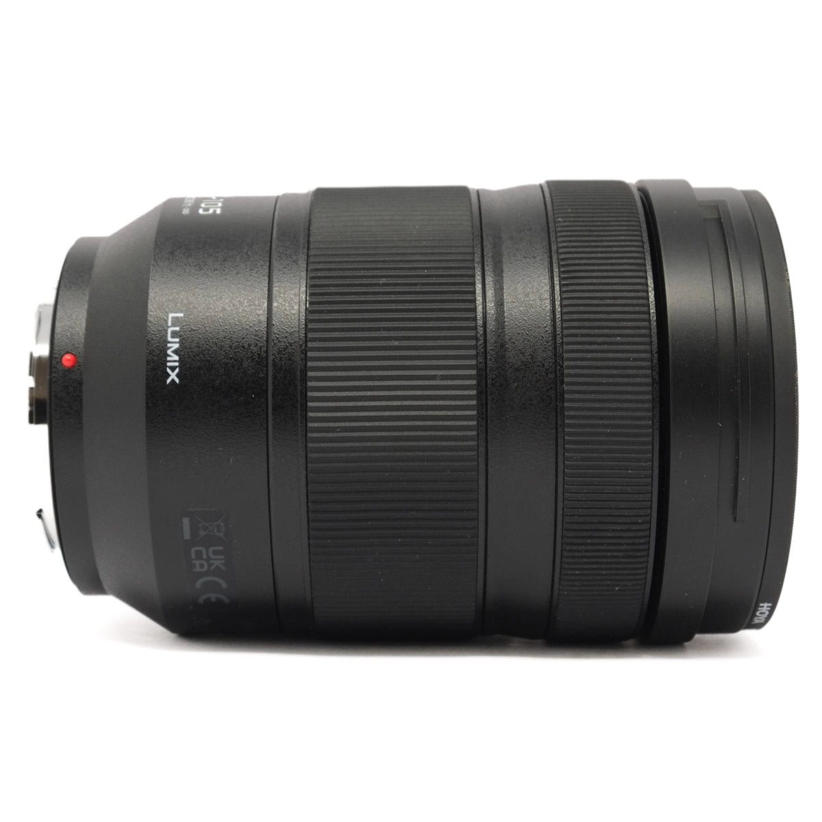 Black camera lens with 'LUMIX' branding on a white background