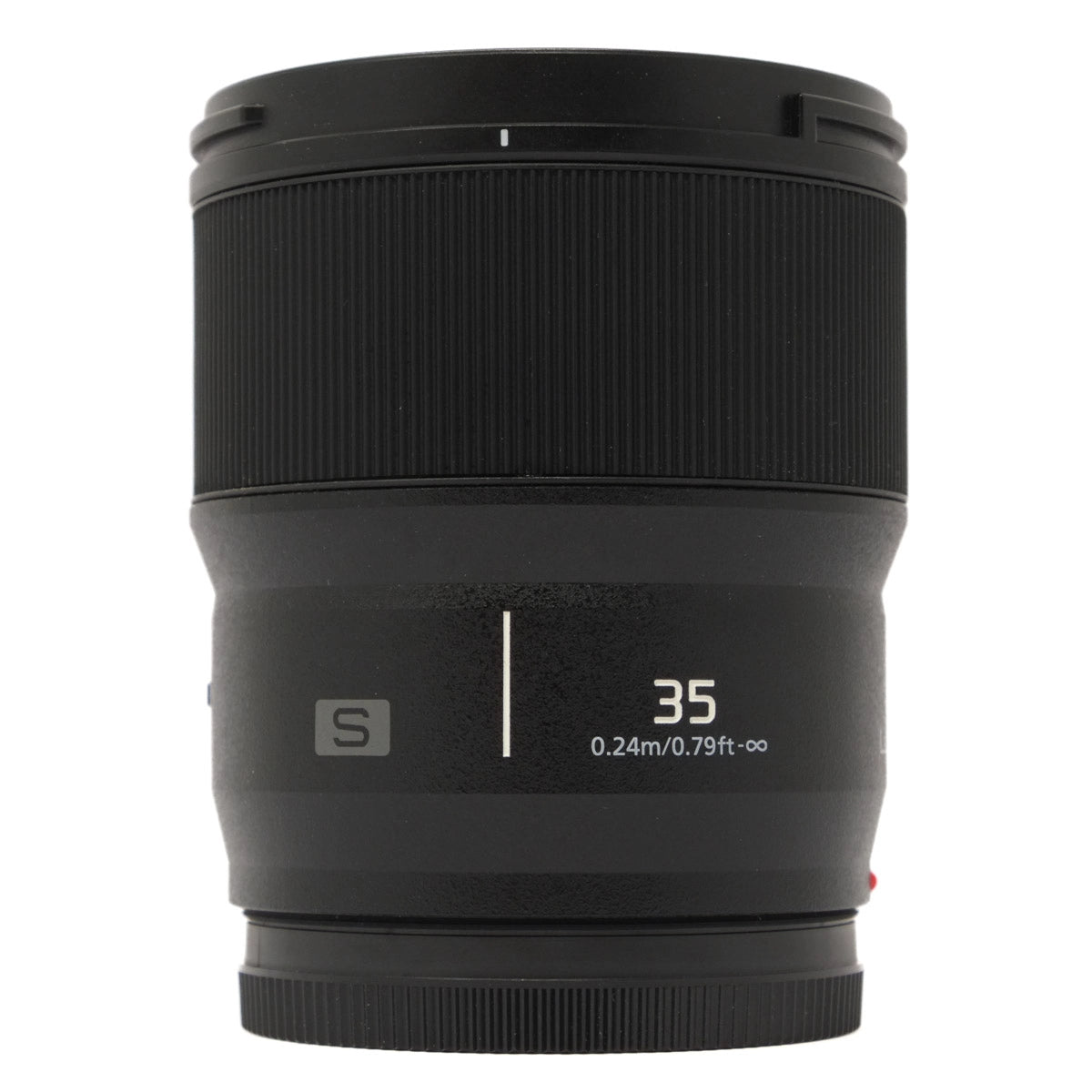 Black camera lens with brand logo on a white background