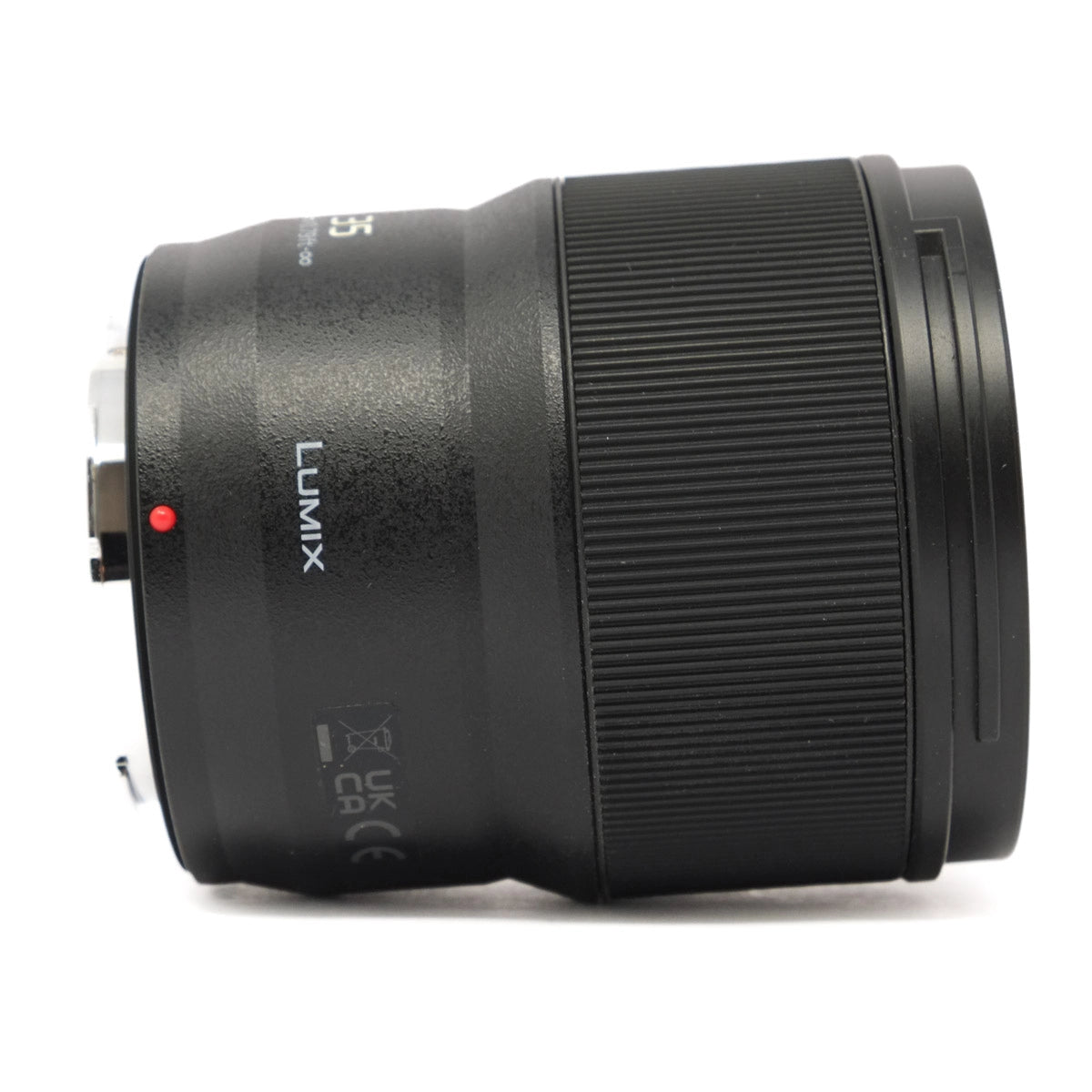 Black camera lens with 'LUMIX' branding on a white background