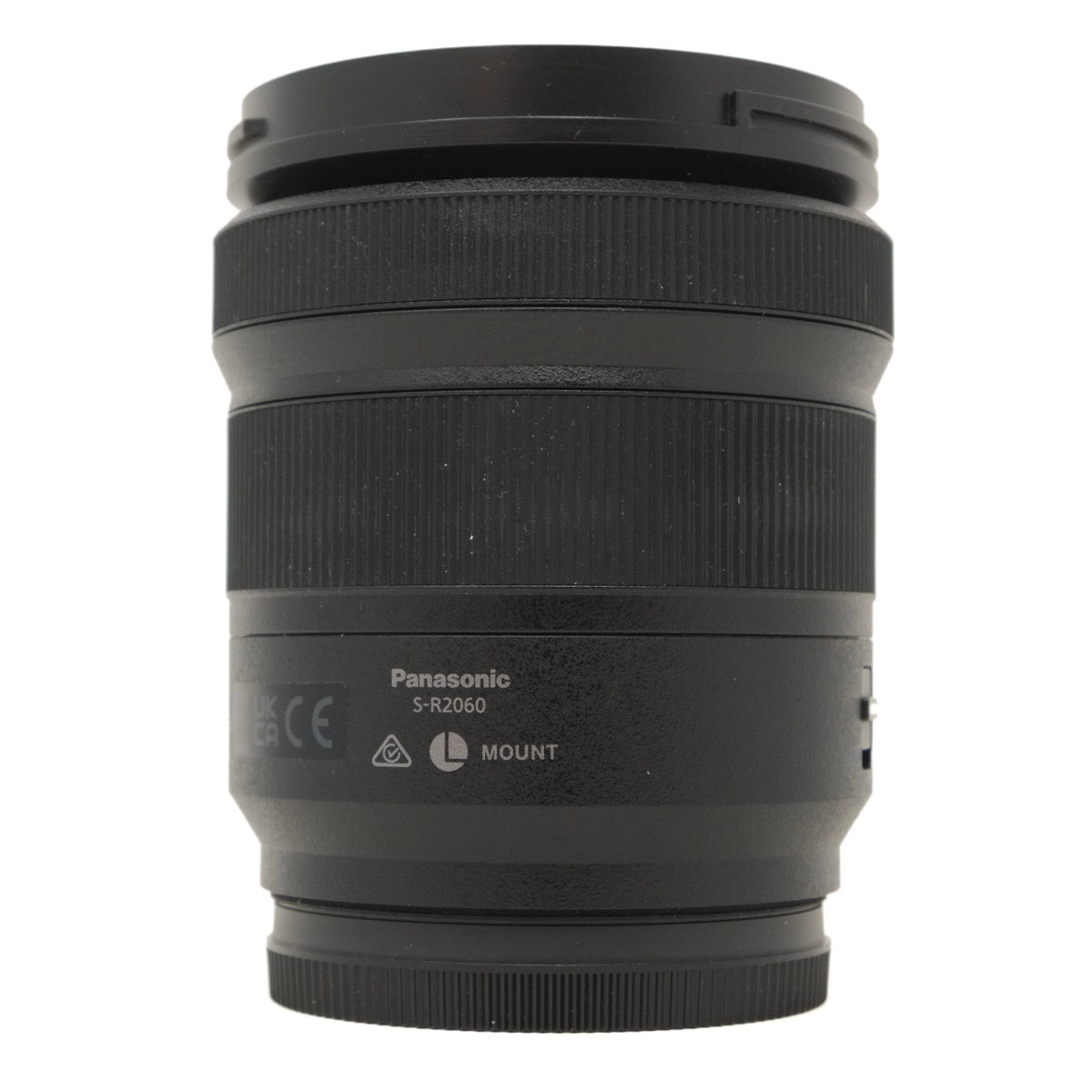 Black camera lens with Panasonic branding on a white background