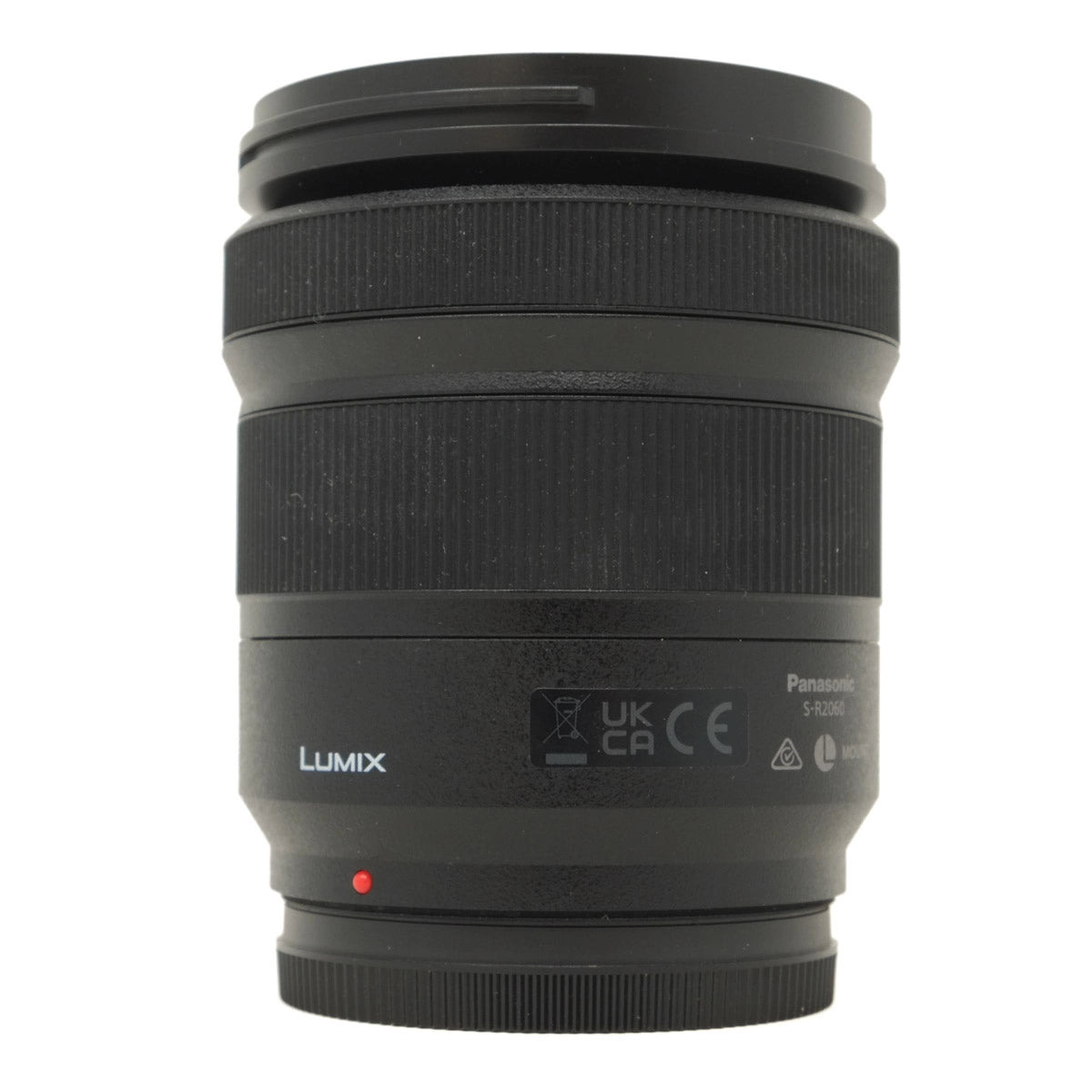 Black camera lens with Panasonic branding on a white background
