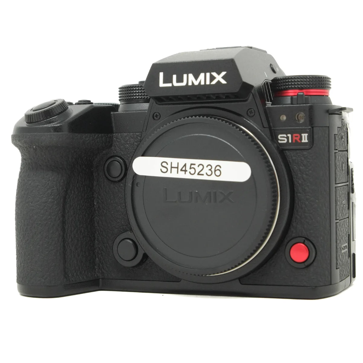 Panasonic Lumix S1R II mirrorless camera body in black, shown from the front with the lens removed and a white label sticker on the lens protector.